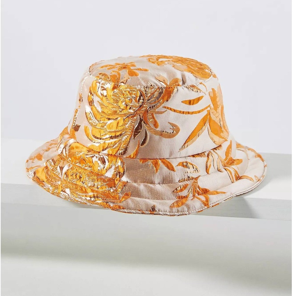 Anthropologie Gold Floral Metallic Brocade Bucket Hat‎ Champagne Satin Jacquard